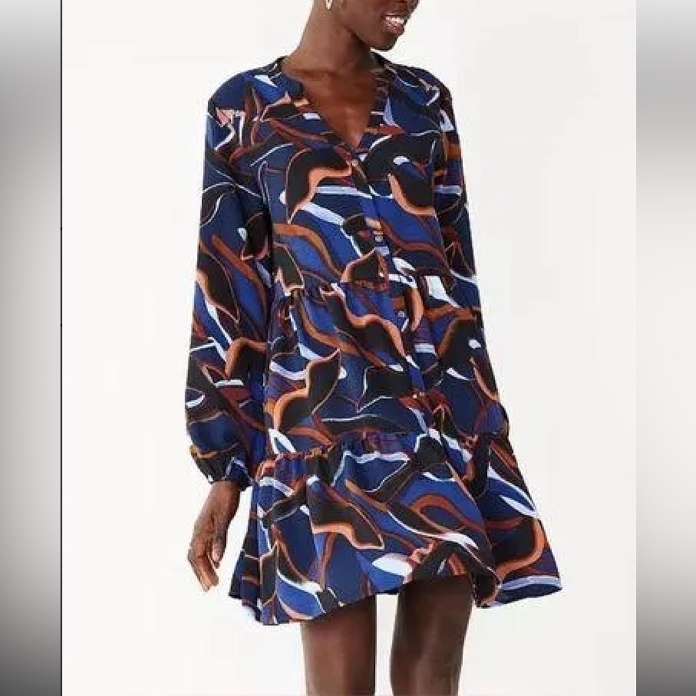 NEW Nine West Tiered above knee Shirt Dress Blue brown tan black womens Sz XXL